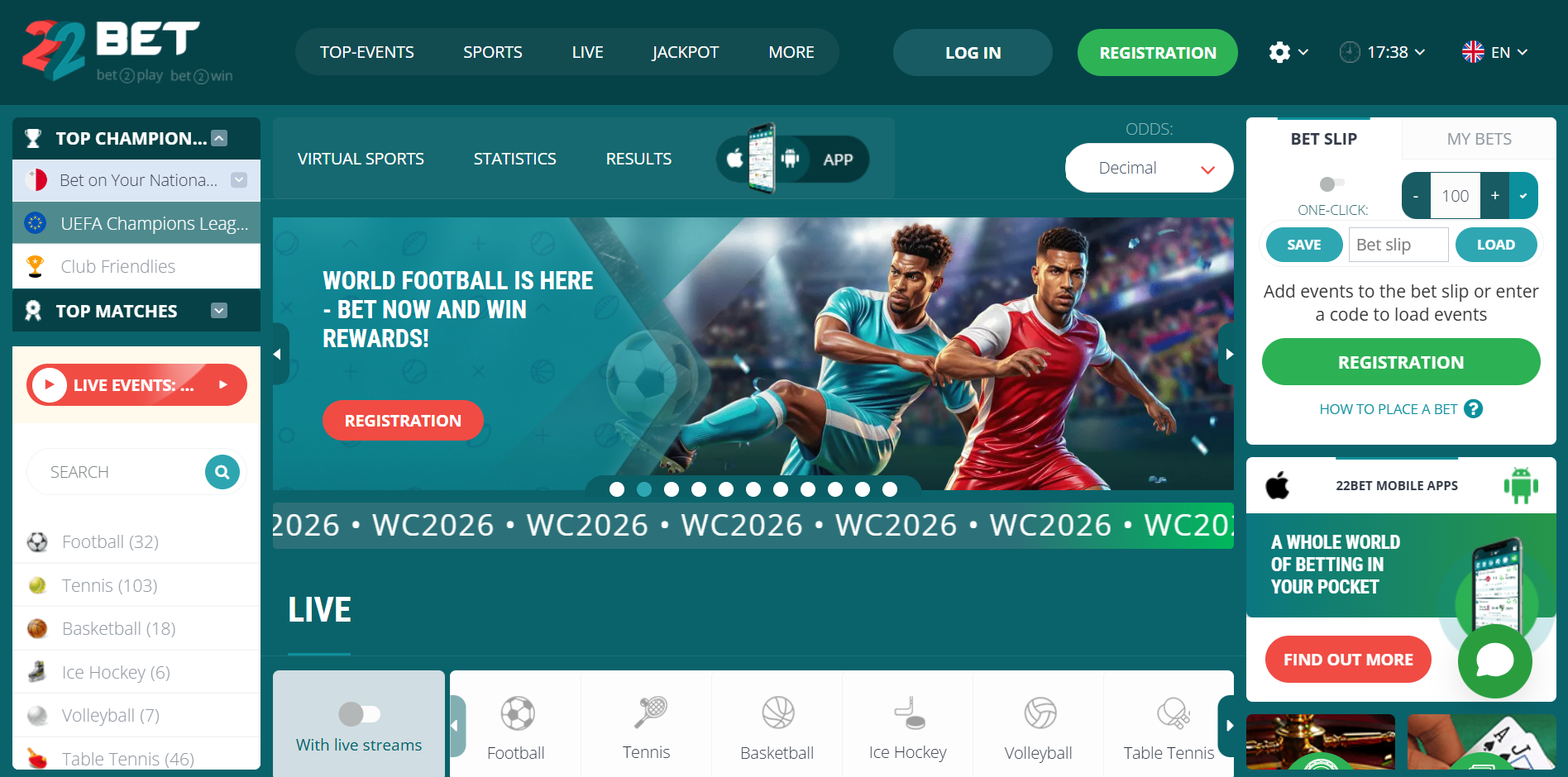 22Bet - online casino in South Africa - homepage