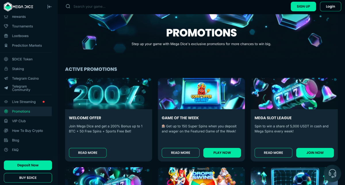 MegaDice sports betting page