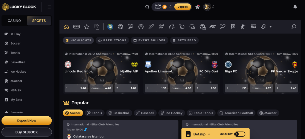 LuckyBlock sports betting page