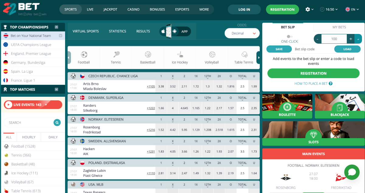 22bet sports betting page